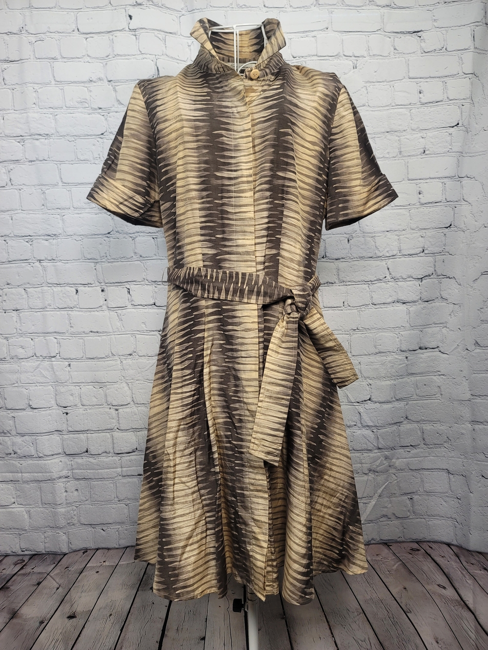 Kenneth Cole New York Silk Blend Patterned Midi Shirt Dress Belted Size 10 Brown